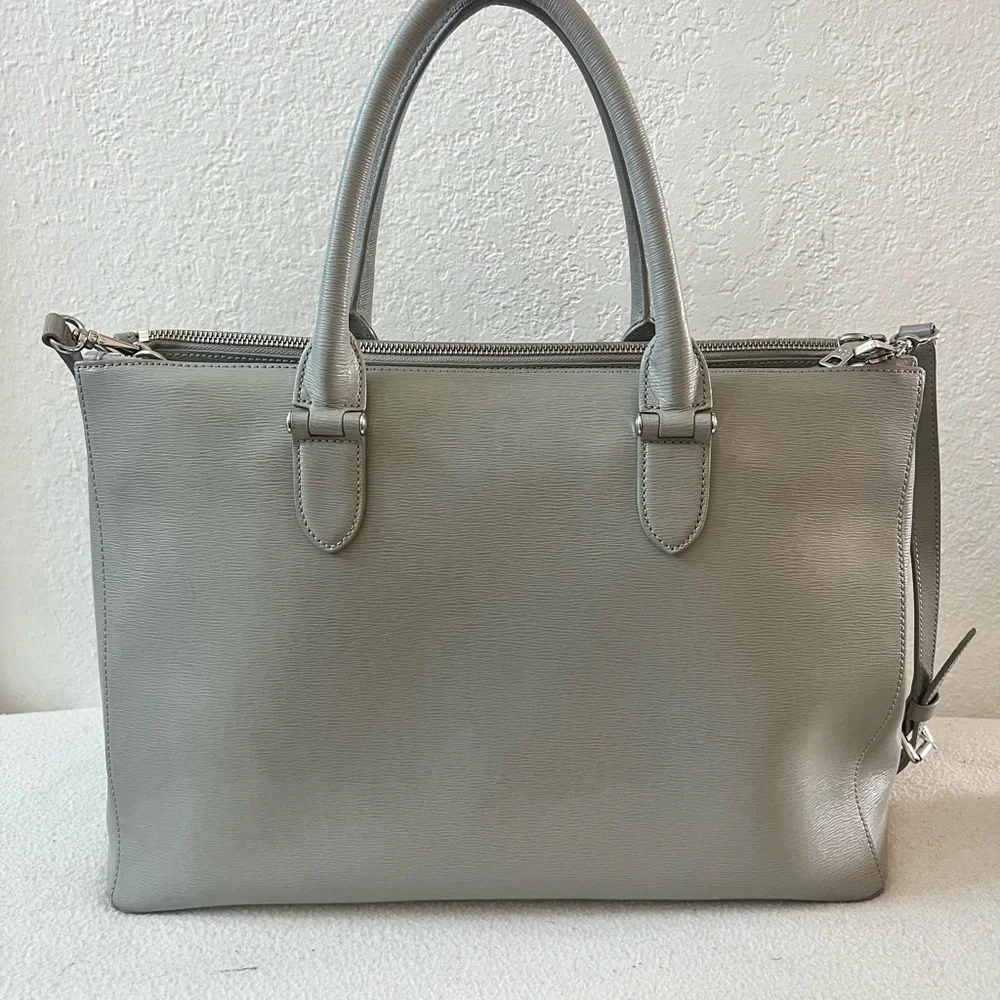 Lauren Ralph Lauren Gray Leather Newbury Double Zip Satchel Crossbody TotePurse